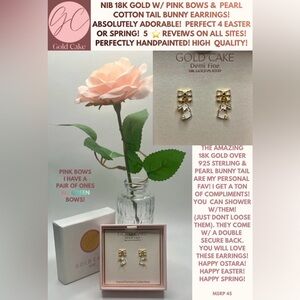 NIB 18K GOLD OVER STERLING BUNNY EARRINGS! W/PINK BOWS & PEARL BUNNY TAILS!!!